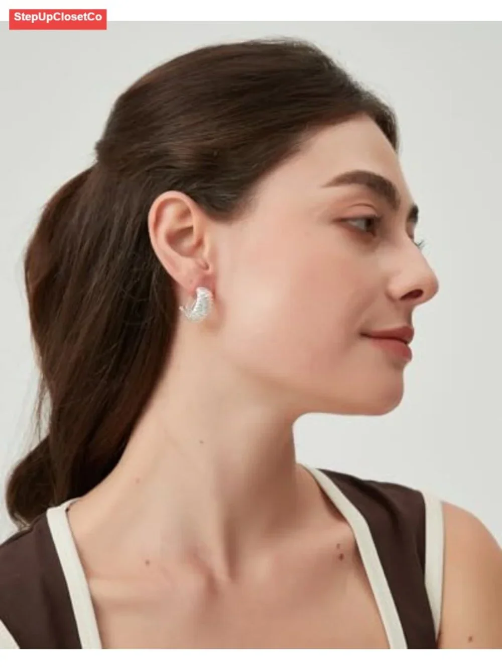 18K Gold Plated Silver Chunky Hoop Earrings for Women, Textured Dome,